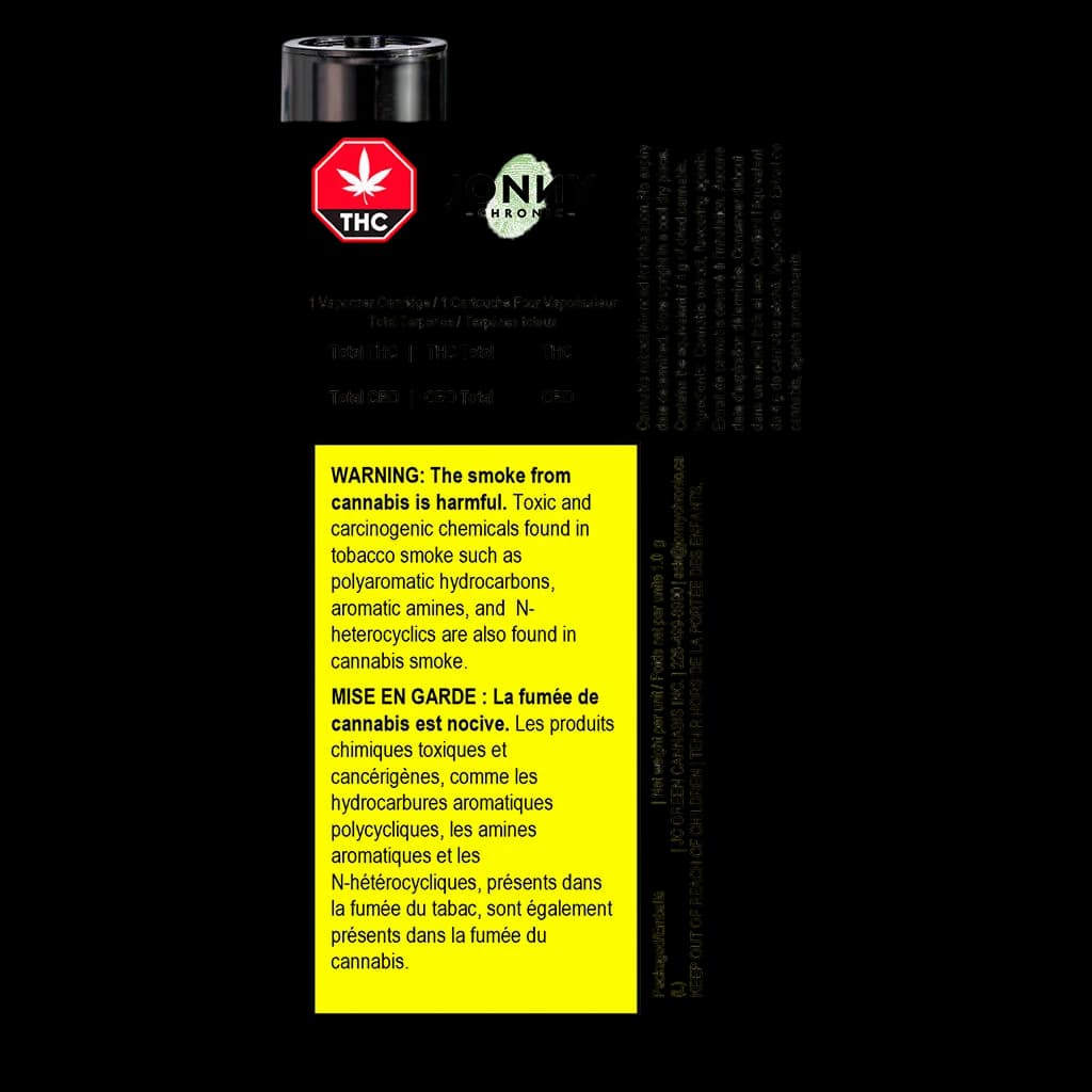 Jonny Chronic vaporizer cartridge packaging with THC warning label, bilingual Health Canada warning in yellow, and product information for 510 thread cannabis vape cartridge