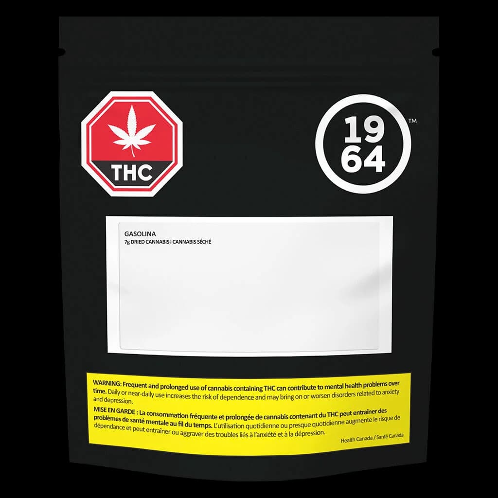 1964 Gasolina 7g dried cannabis flower package with red THC warning symbol and yellow Health Canada warning label on black pouch