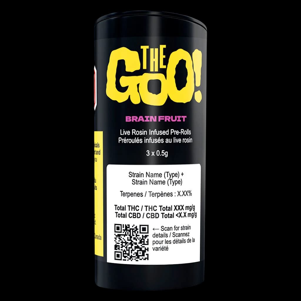 The Goo! Brain Fruit live rosin infused pre-rolls, 3 x 0.5g pack with black and yellow packaging
