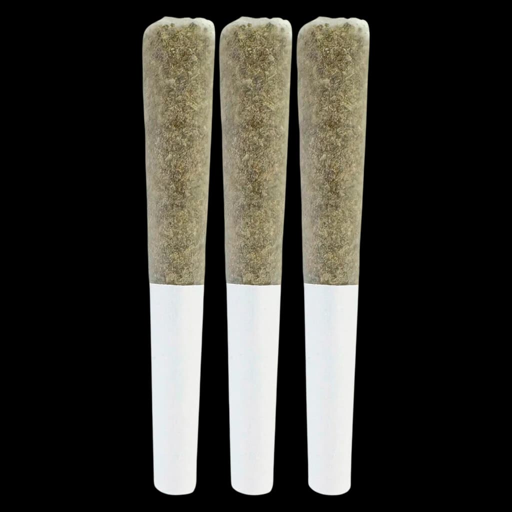 The Goo! Brain Fruit live rosin infused pre-roll 3-pack with white filters and cannabis flower visible
