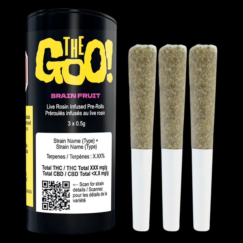 Préroulés infusés au rosin vivant Brain Fruit de The Goo!, emballage de 3 x 0,5 g, avec un design jaune et noir