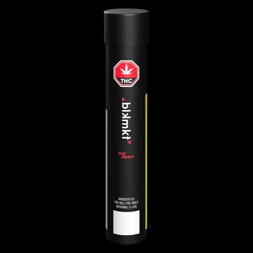 BLK MKT The Heavy handcrafted pre-roll pack with red THC warning symbol on black tube packaging