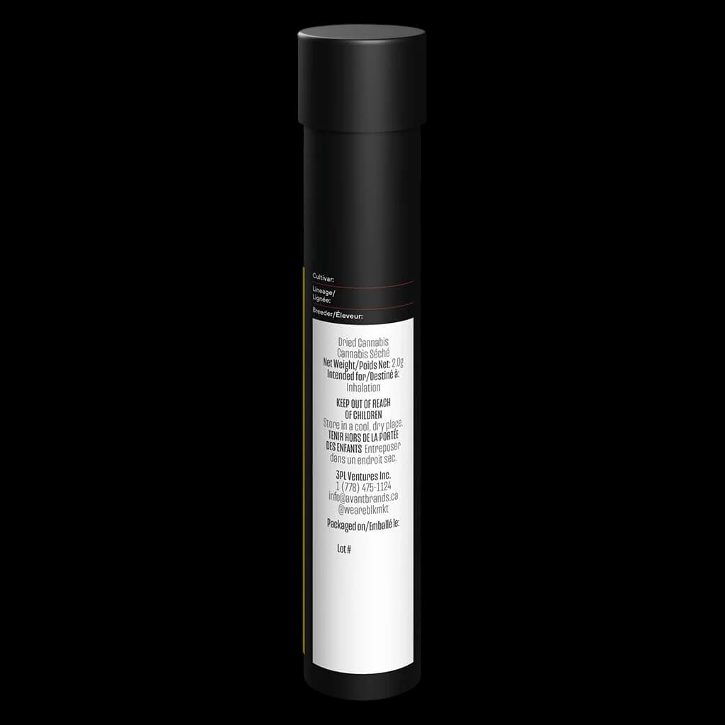 BLK MKT The Heavy pre-roll 2.0g in black tube with white label showing cultivar, usage, and breeder information