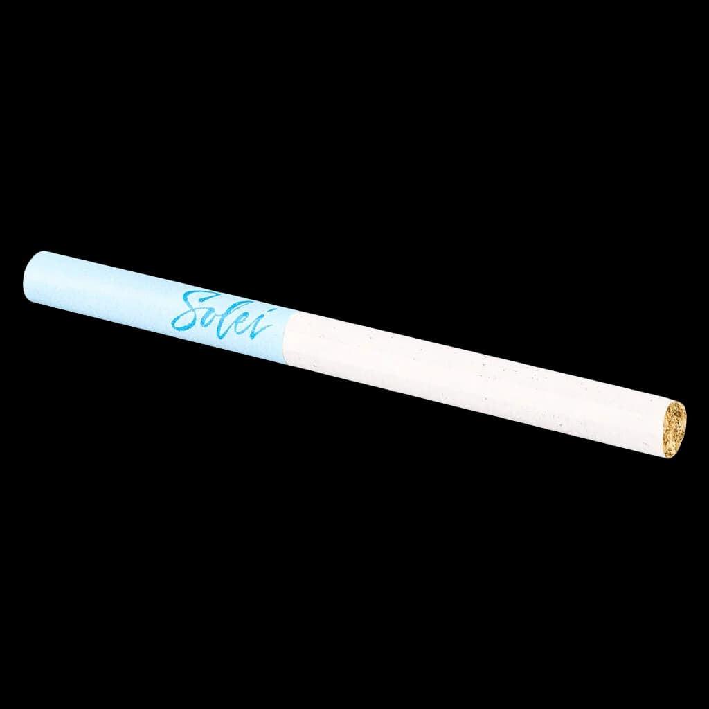 Solei Free Slims pre-roll with light blue filter tip and white paper, cannabis product visible at end