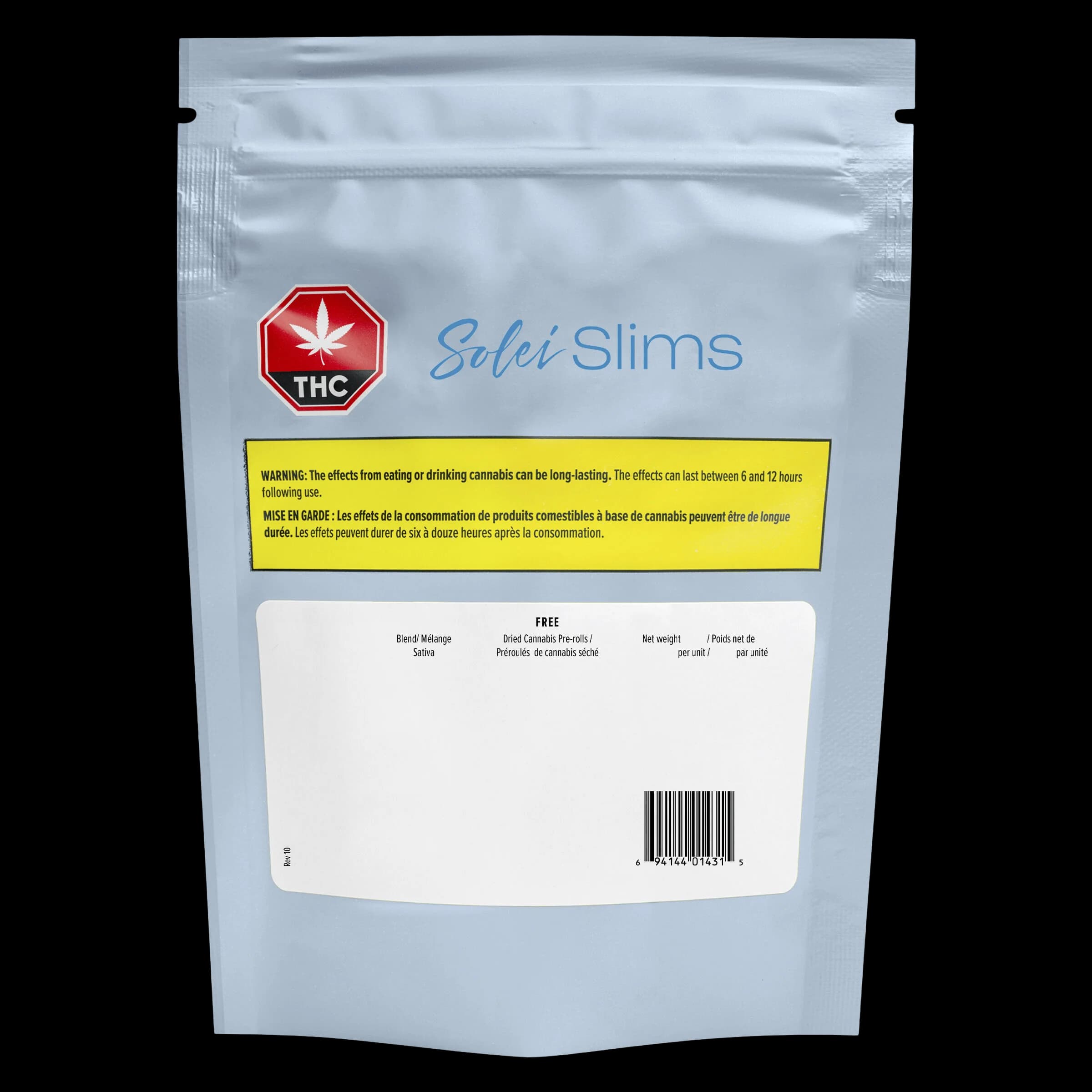 Solei Slims pre-roll package with red THC logo, blue branding, yellow Health Canada warning label, and product information on white panel
