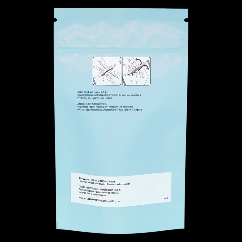 Tilray Solei Free Slims pre-roll pouch, light blue packaging with recycling and usage instruction icons