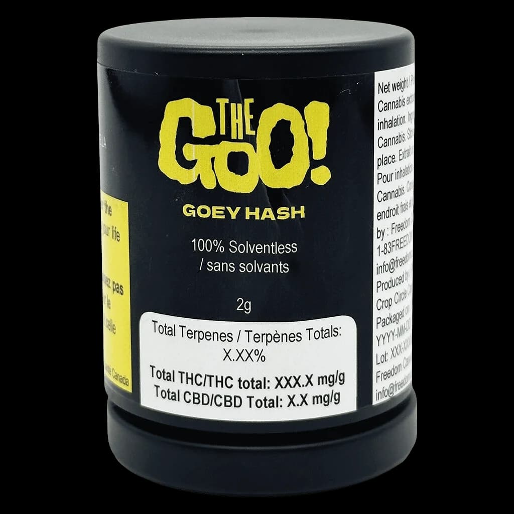The Goo! Gooey Hash 2g container, 100% solventless cannabis concentrate in black jar with yellow label