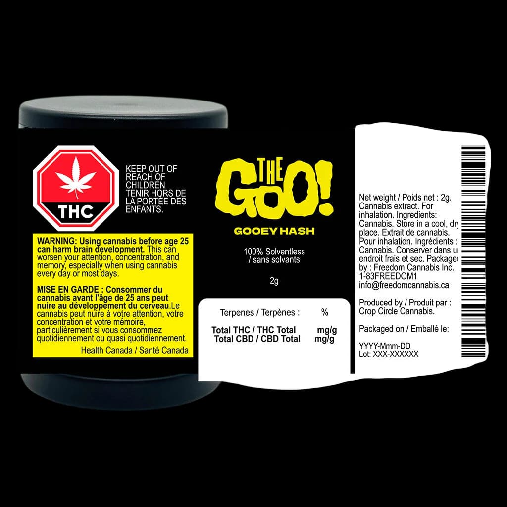 The Goo! Gooey Hash 2g concentrate in dark glass jar with black label showing THC warning and Health Canada regulations