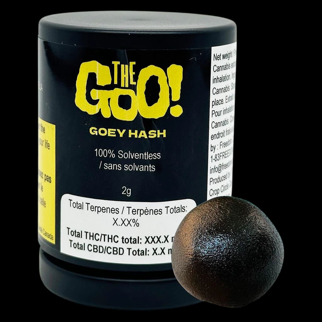 The Goo! Gooey Hash 2g solventless cannabis concentrate jar with single hash ball displayed