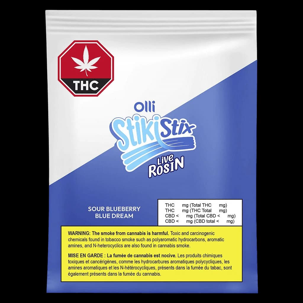 Olli StikiStix Sour Blueberry Blue Dream live rosin cannabis concentrate package with THC warning symbol and Health Canada bilingual warning label