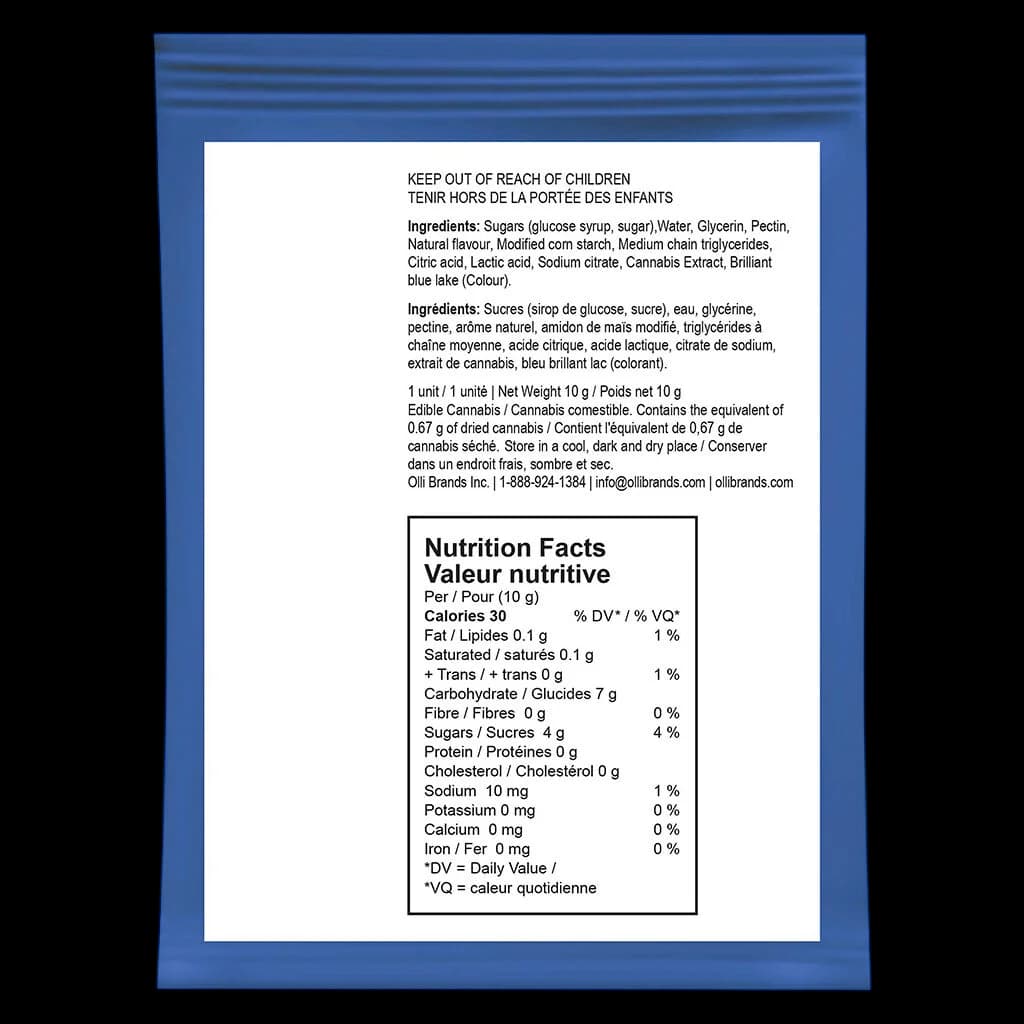 Olli Brands cannabis edible gummy back label showing ingredients, 10g net weight, 0.67g cannabis content, and nutrition facts