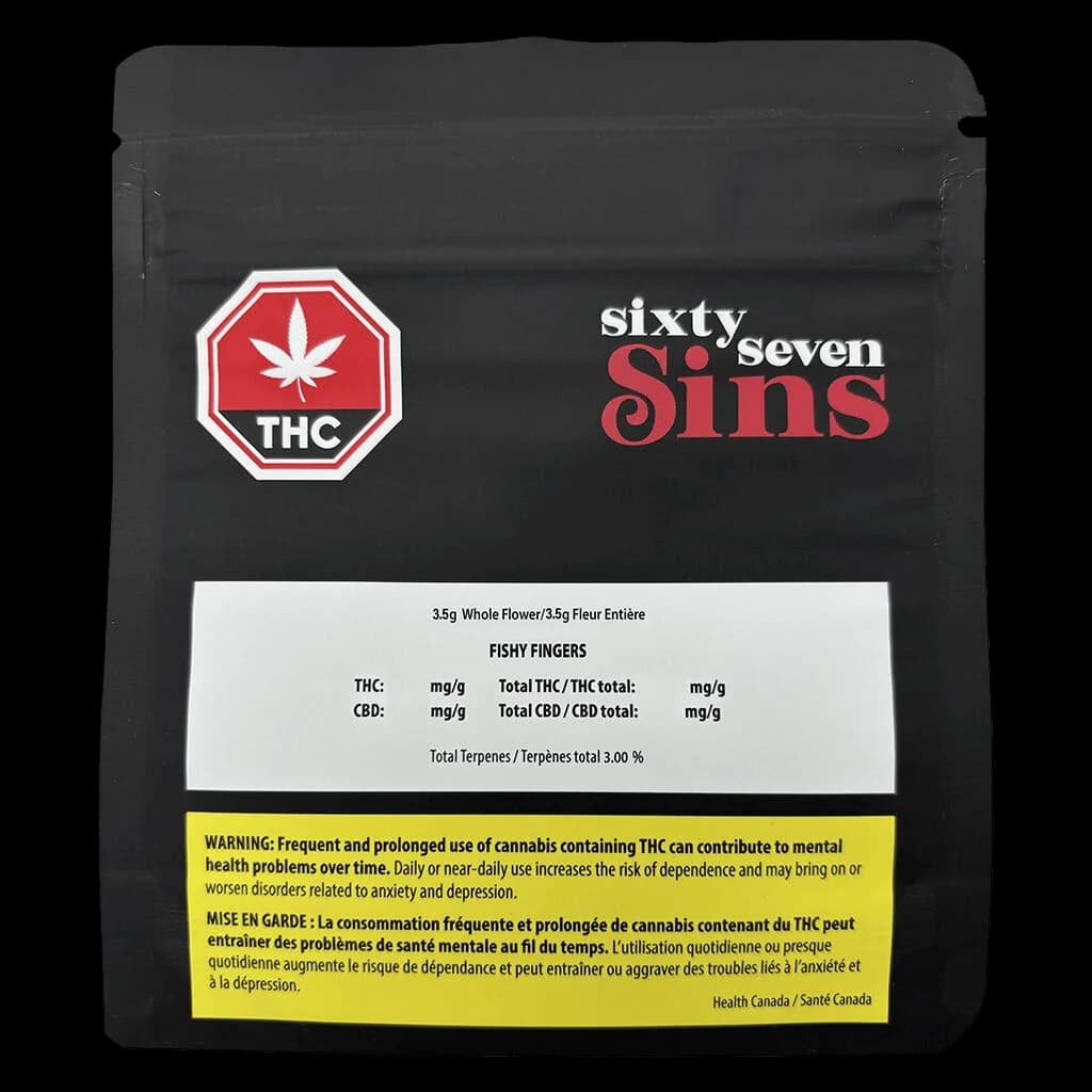 Sixty Seven Sins Fishy Fingers 3.5g dried flower package with red THC warning symbol and Health Canada warning label on black pouch