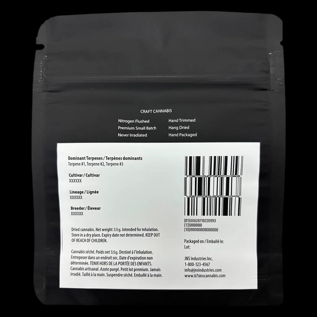 Sixty Seven Sins Fishy Fingers 3.5g dried flower pouch, rear label showing terpene profile, cultivar details, and regulatory information