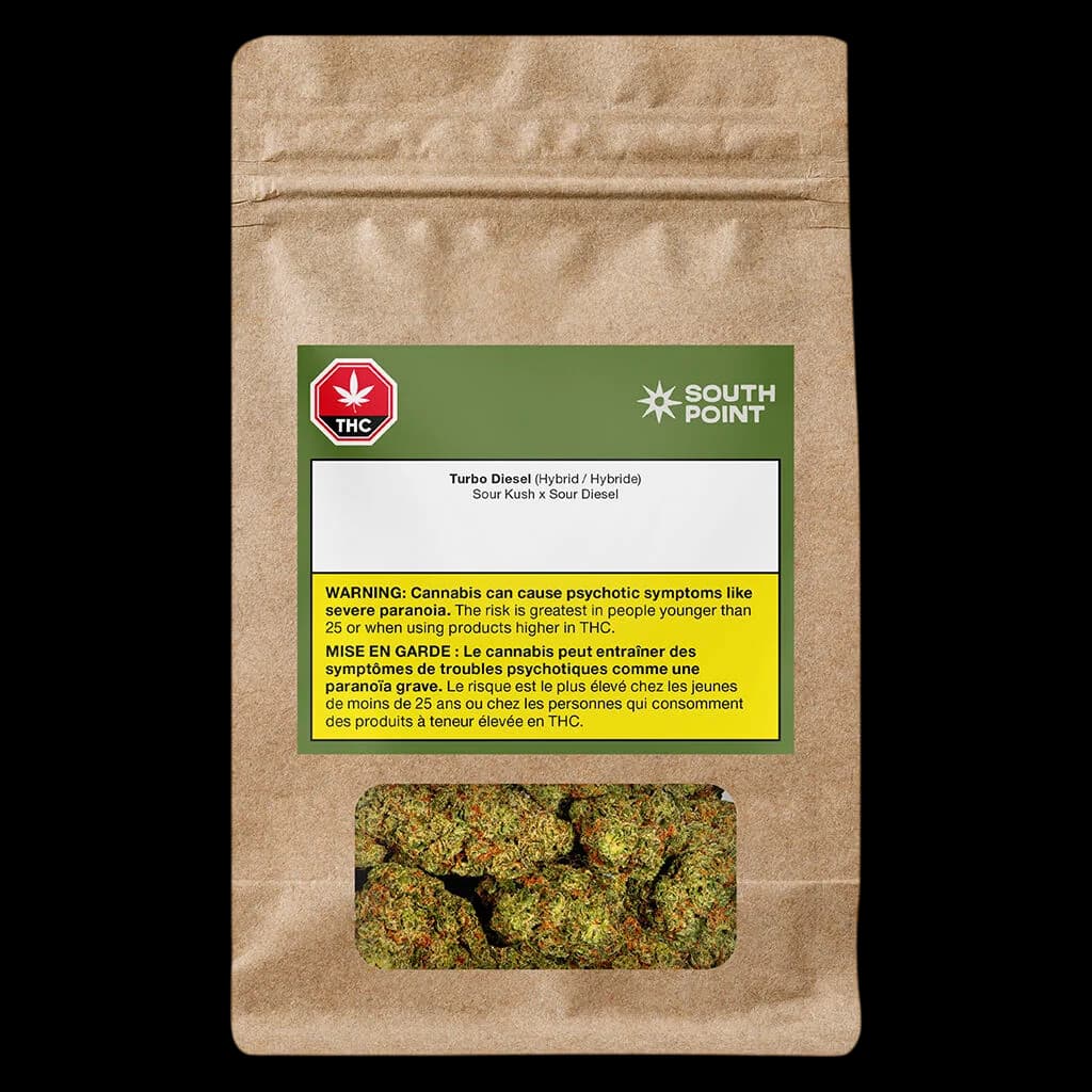 South Point Turbo Diesel hybrid cannabis dried flower in kraft pouch with green label and product visible through window