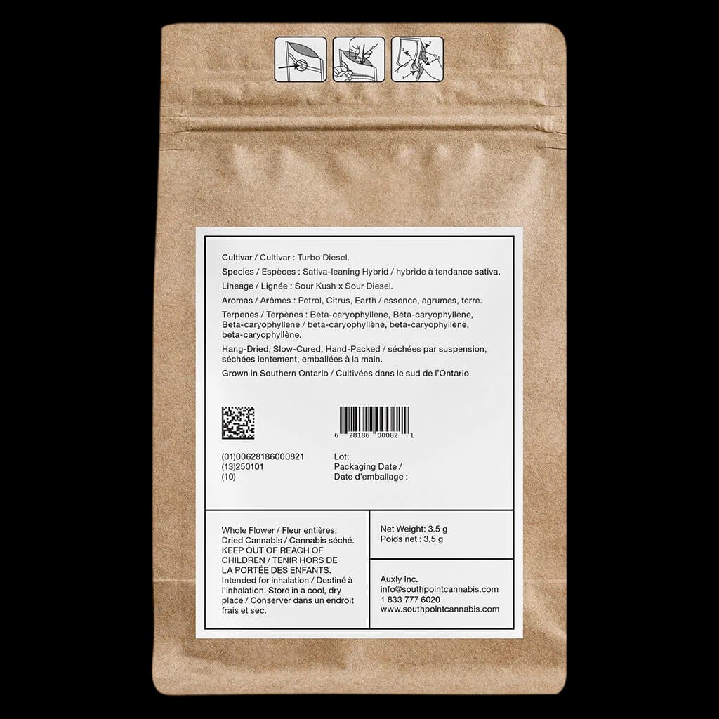 South Point Turbo Diesel 3.5g dried cannabis flower pouch, rear label showing cultivar, species, lineage, aromas, terpenes, and regulatory information.