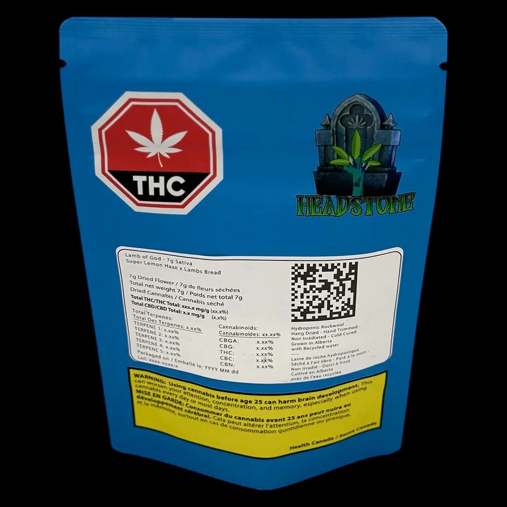 Headstone Lamb of God 7g sativa dried flower cannabis pouch with THC warning symbol and Health Canada label on blue packaging