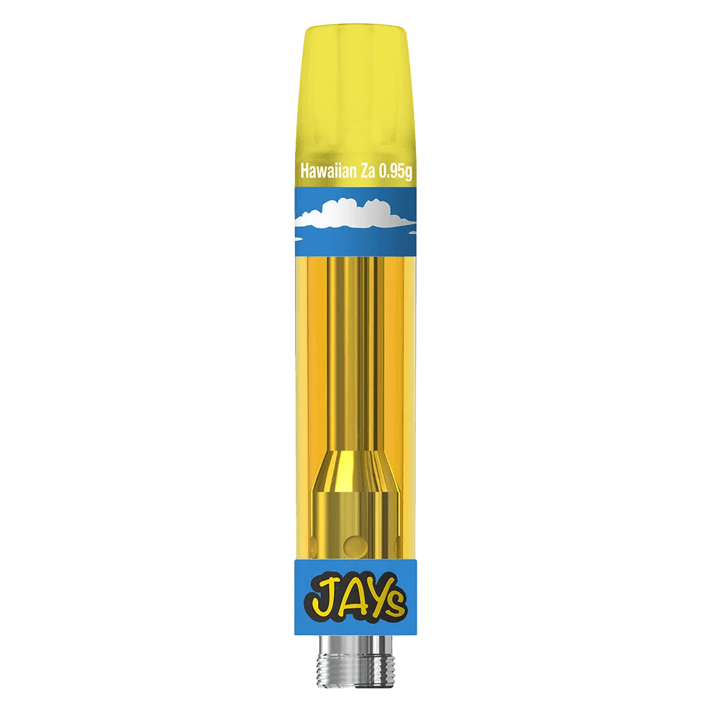 Jays Hawaiian Za 0.95g cannabis vape cartridge with yellow cap and blue cloud-themed label design