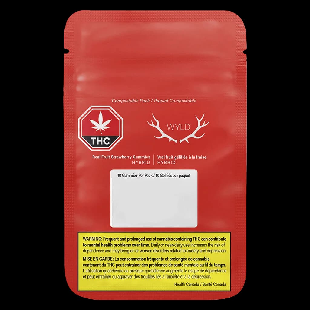 Wyld Real Fruit Strawberry Gummies hybrid THC cannabis edibles, 10-pack, red compostable pouch with white label