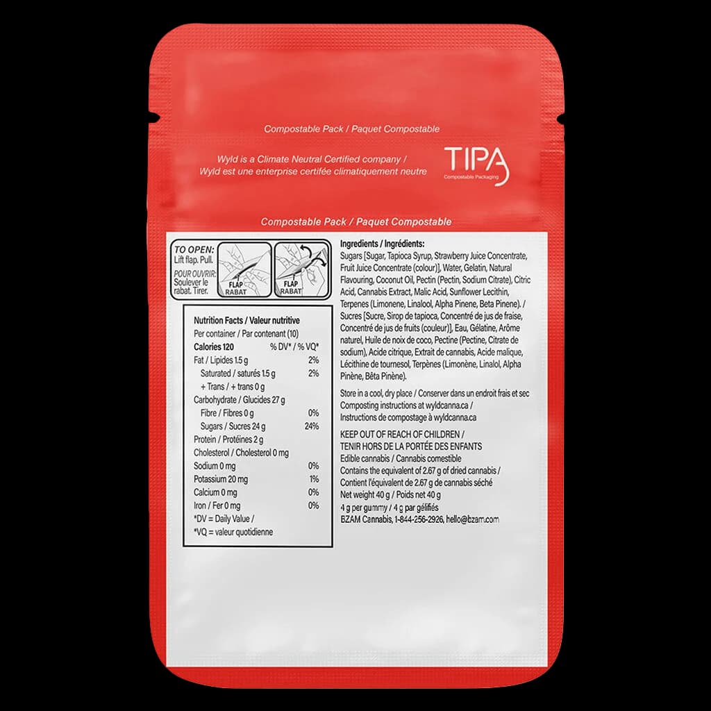 Wyld Real Fruit Strawberry Gummies 20:1 CBD:THC back packaging showing nutrition facts, ingredients, and cannabis extract dosage information on red compostable pouch