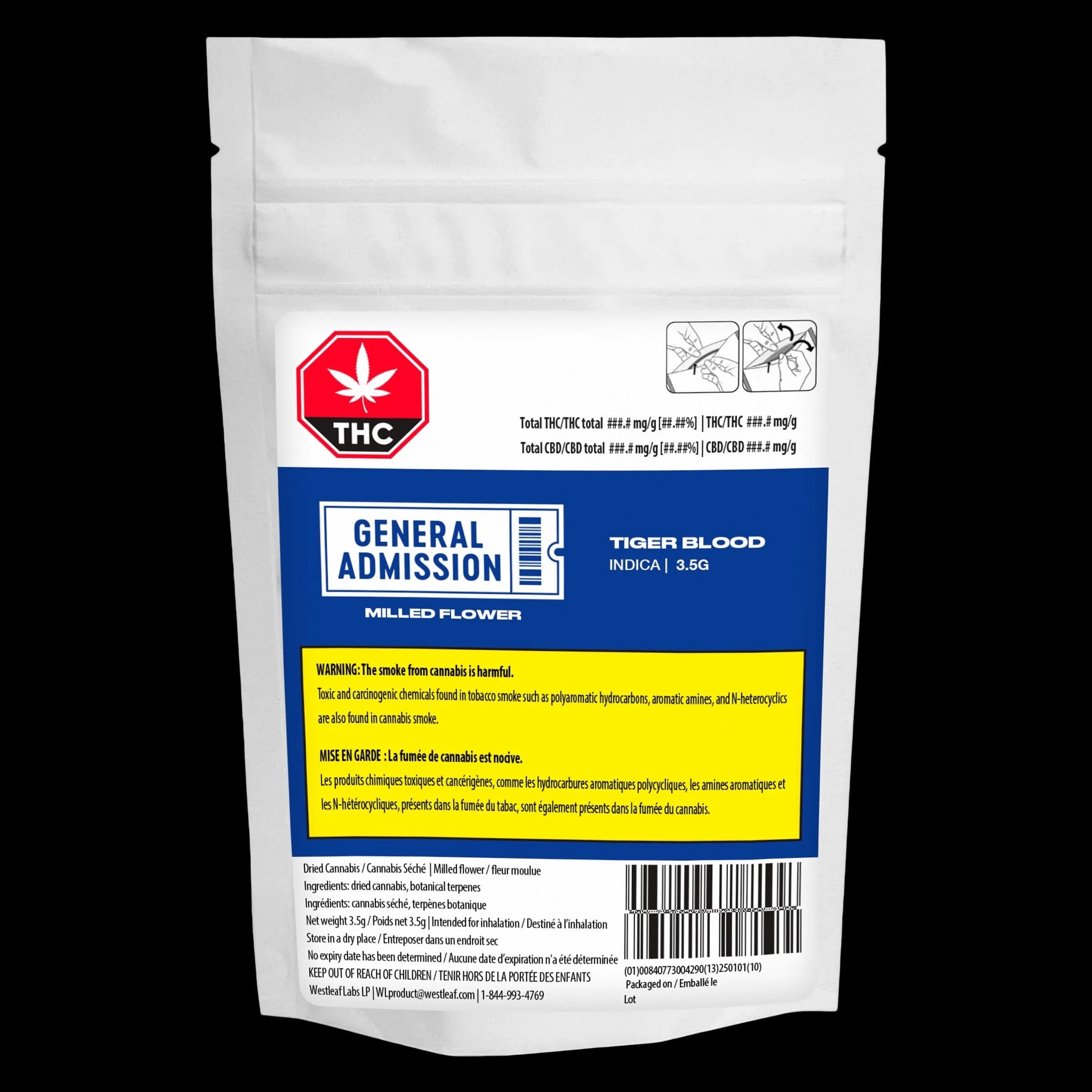 Emballage de 3,5 g de fleur moulue indica Tiger Blood de General Admission avec symbole d'avertissement THC rouge et étiquette d'avertissement jaune de Santé Canada