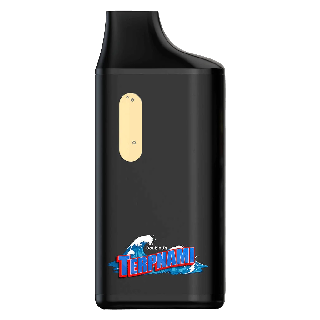 Double J's Terpnami Banana Candy Gas black disposable vape pen with cream-colored window and control button