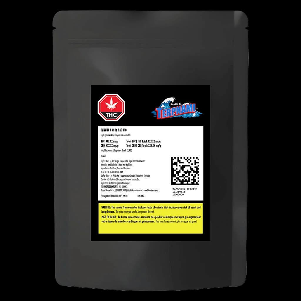 Double J's Terpnami Banana Candy Gas AIO disposable vape pen packaging with THC warning symbol and Health Canada labels