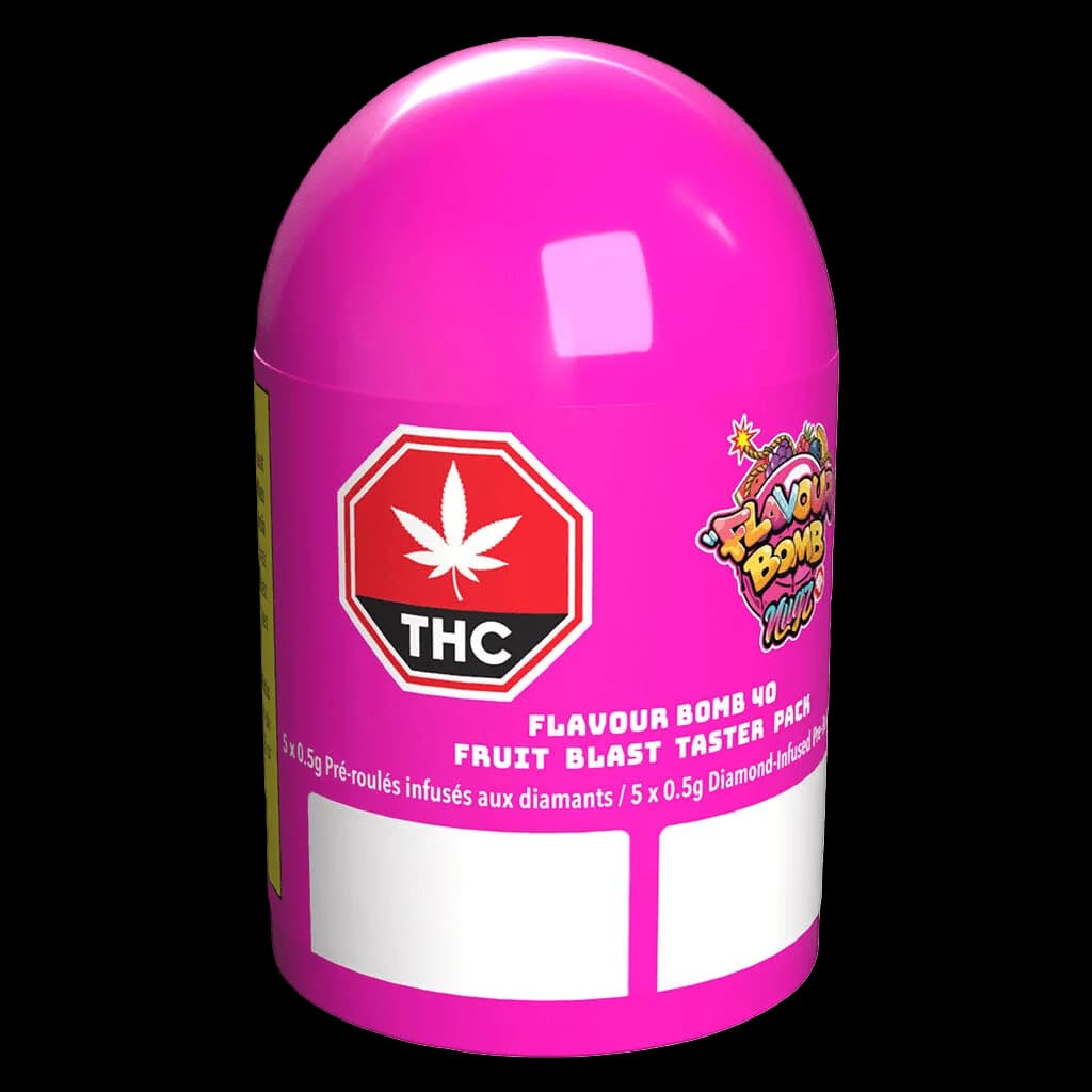 Flavour Bomb 40 Fruit Blast Taster Pack, 5 x 0,5 g de pré-roulés infusés aux diamants dans un emballage rose vif avec symbole THC