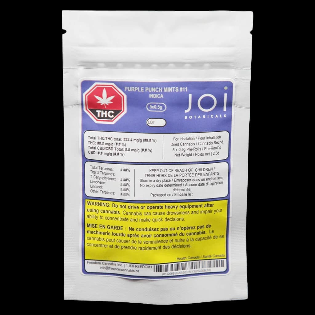 JOI Botanicals Purple Punch Mints #11 Indica pre-roll pack, 5x0.5g, front label showing THC potency and Health Canada warnings