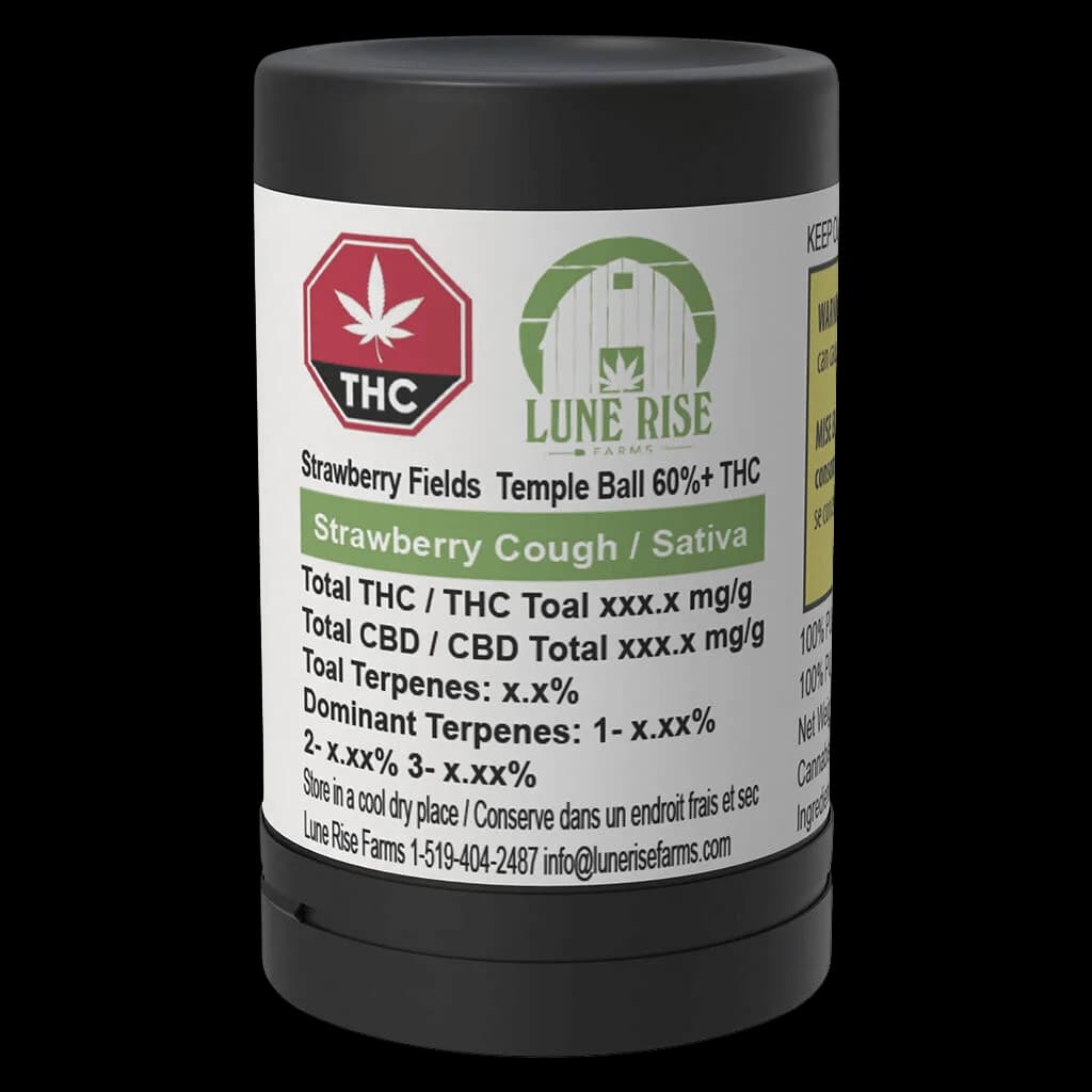 Lune Rise Farms Strawberry Fields Temple Ball 60+ THC cannabis concentrate in white jar with black lid