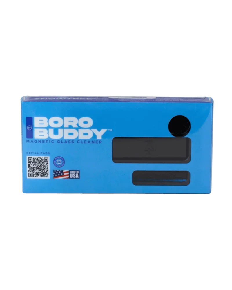 Tampons de rechange pour nettoyeur magnétique de verre Boro Buddy de Snowtree, en emballage de vente au détail bleu avec composants magnétiques noirs visibles