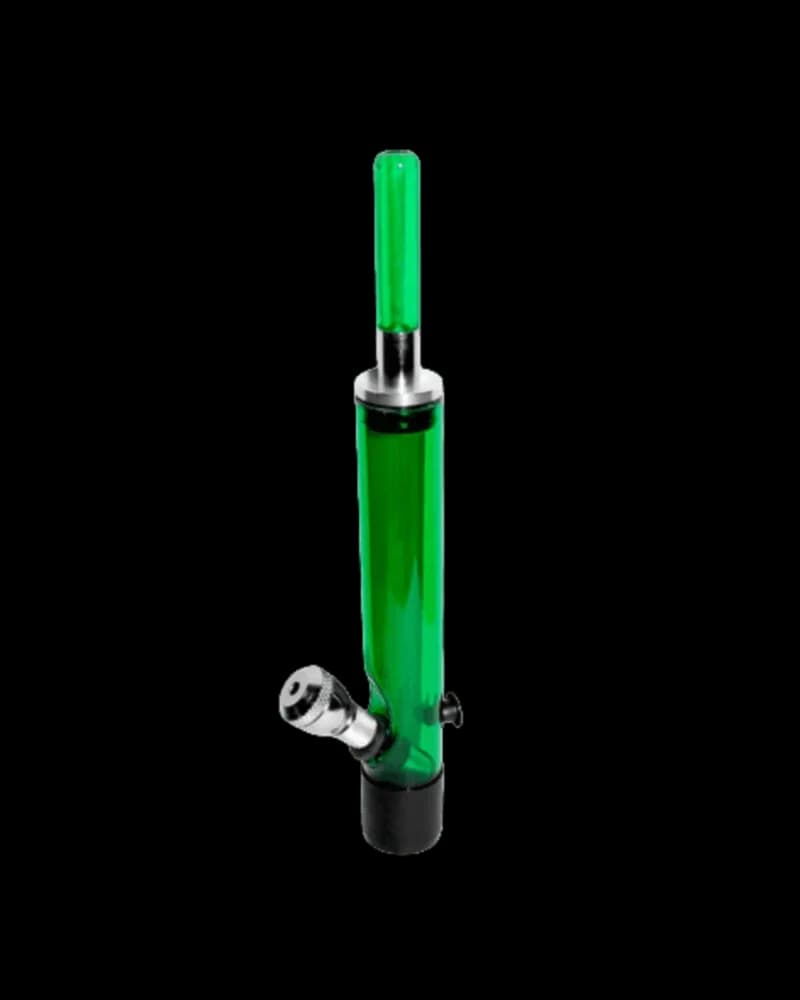 Green glass travel bong with black base, removable bowl, and downstem on white background