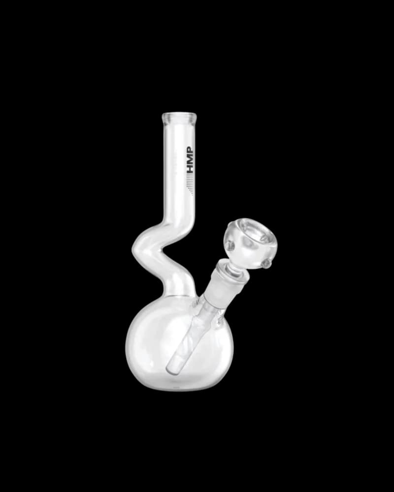 HMP Zong glass bong with curved neck tube and round chamber on white background
