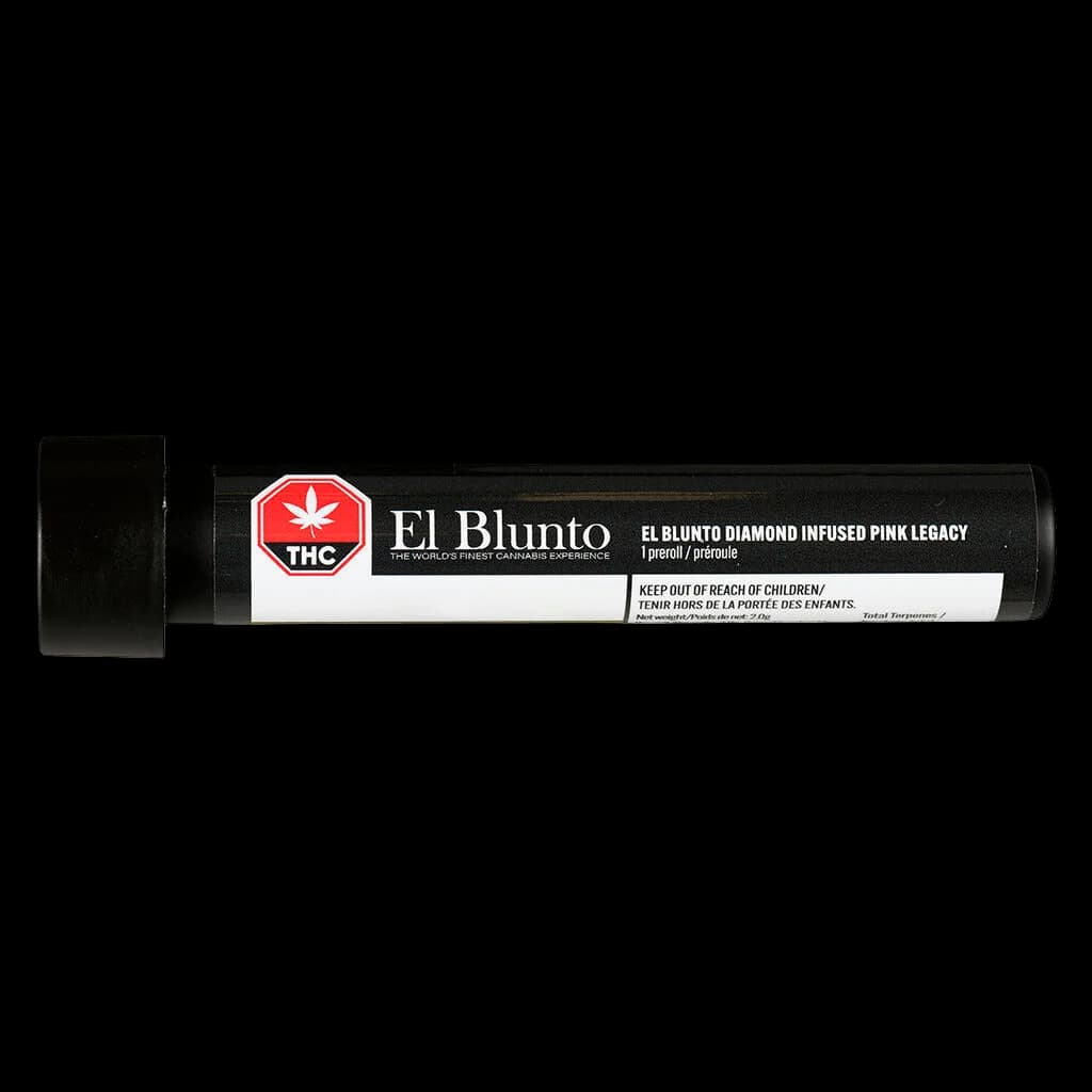 El Blunto Diamond Infused Pink Legacy en tube noir avec logo THC rouge et étiquette blanche
