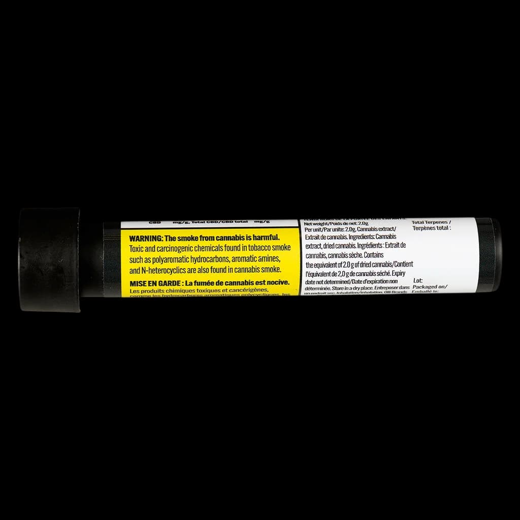 El Blunto Diamond Infused Pink Legacy – pré-roulé infusé de diamants avec emballage en tube noir et étiquette d'avertissement jaune de Santé Canada visible