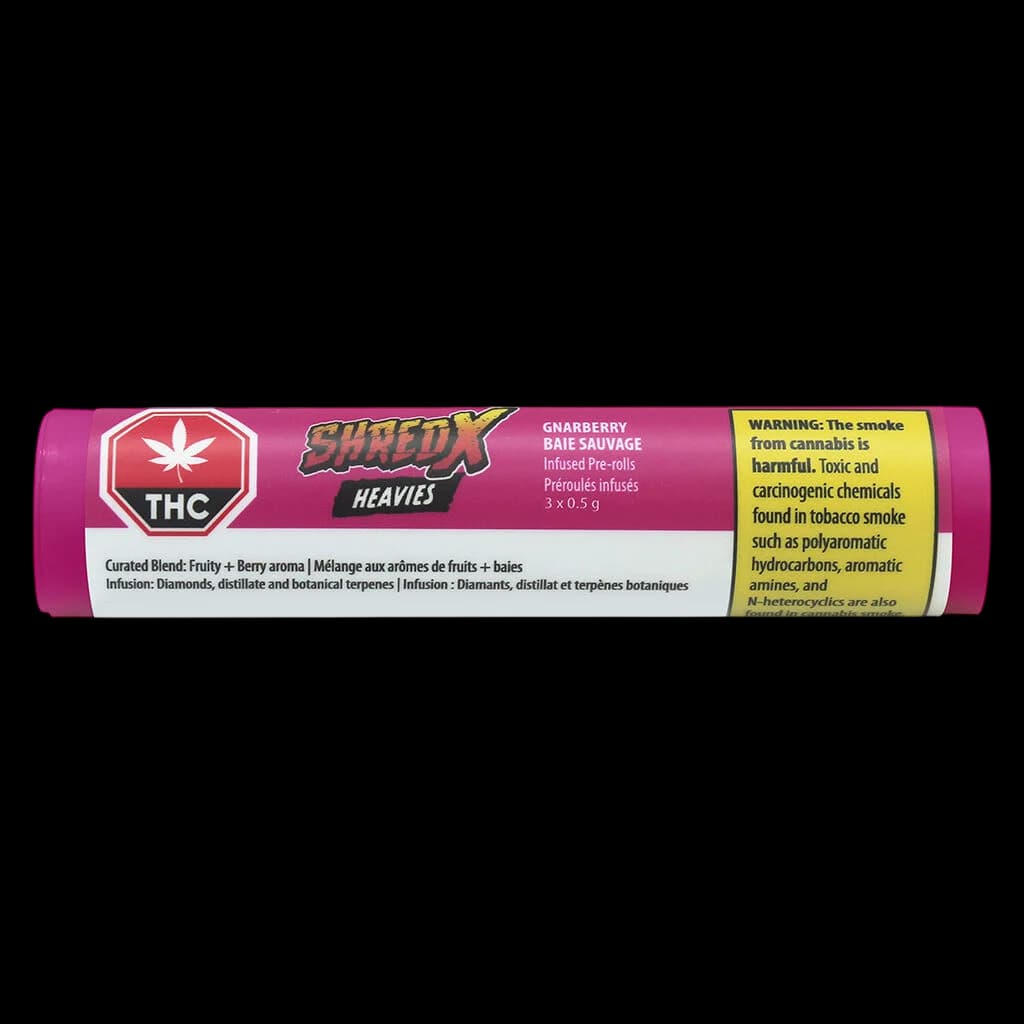 Shred Gnarberry Heavies infused pre-roll pack, 3 x 0.5g, magenta packaging with THC symbol and Health Canada warning label