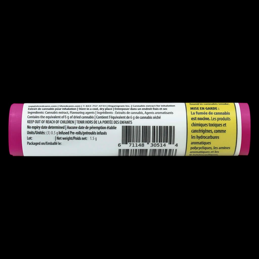 Shred Gnarberry Heavies Disty & Diamonds infused pre-roll tube, 1.5g, with bilingual packaging and Health Canada warning label