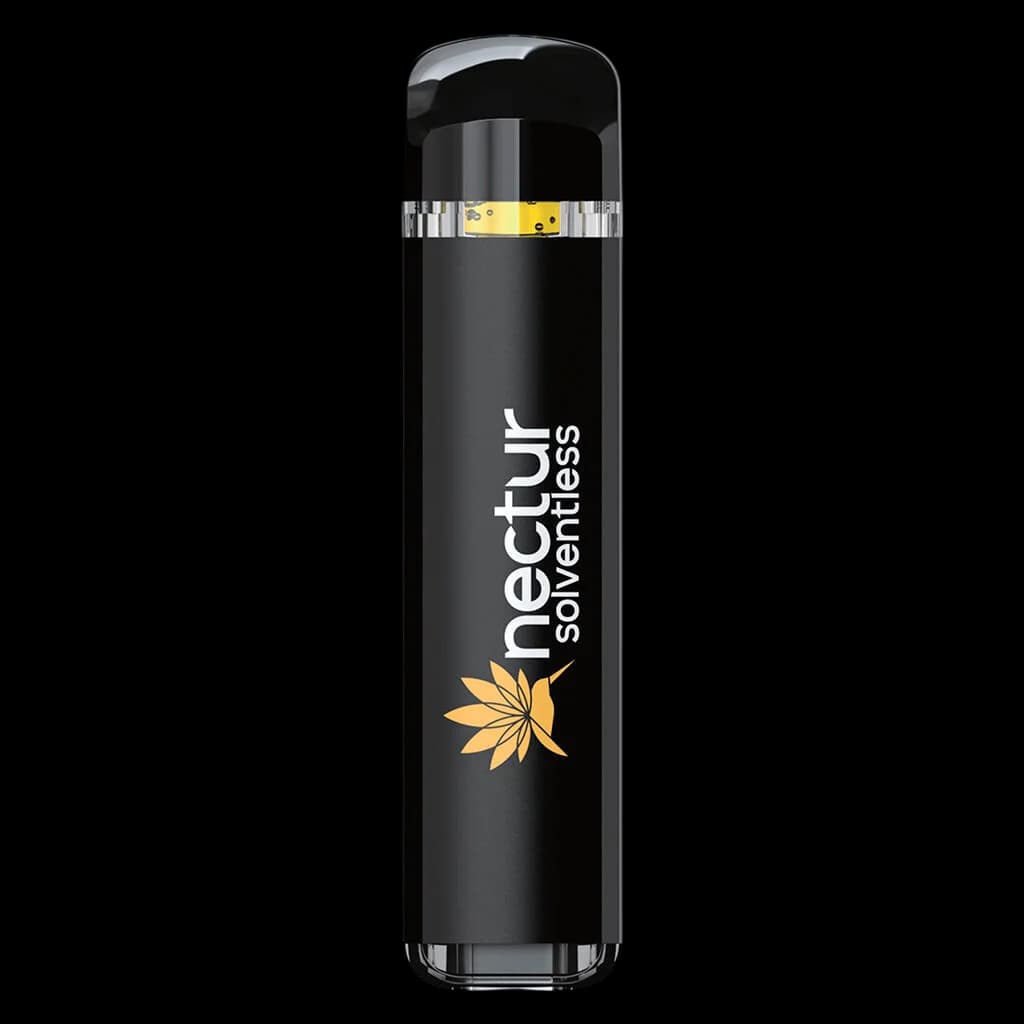 Nectur Solventless cold cured live hash rosin disposable vape pen with black body and yellow concentrate window