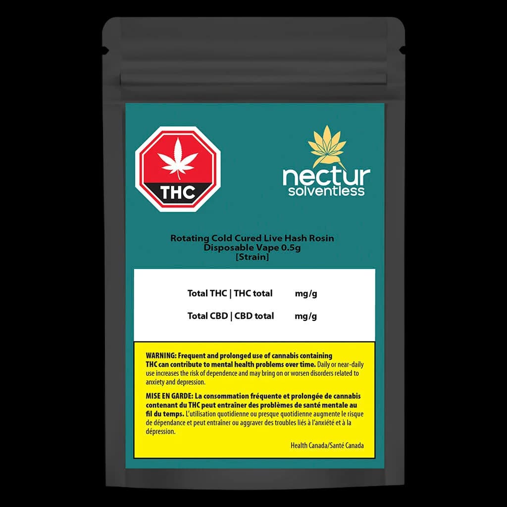 Nectur Solventless Rotating Cold Cured Live Hash Rosin Disposable Vape 0.5g package front with teal label, red THC warning symbol, and yellow Health Canada warning.