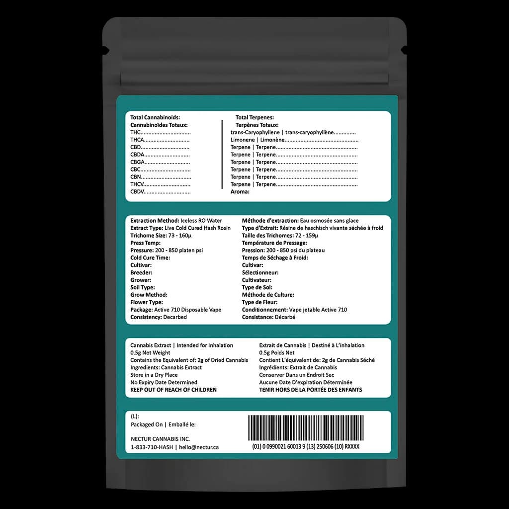 Nectur Solventless Active 710 Disposable Vape back label showing cannabinoid profile, extraction method, and usage instructions for 0.5g live cold cured hash rosin
