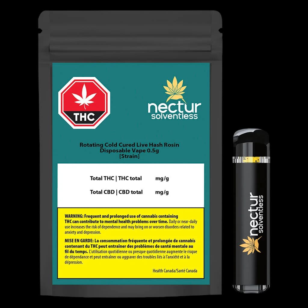 Nectur Solventless Rotating Cold Cured Live Hash Rosin Disposable Vape 0.5g with packaging and black vape pen