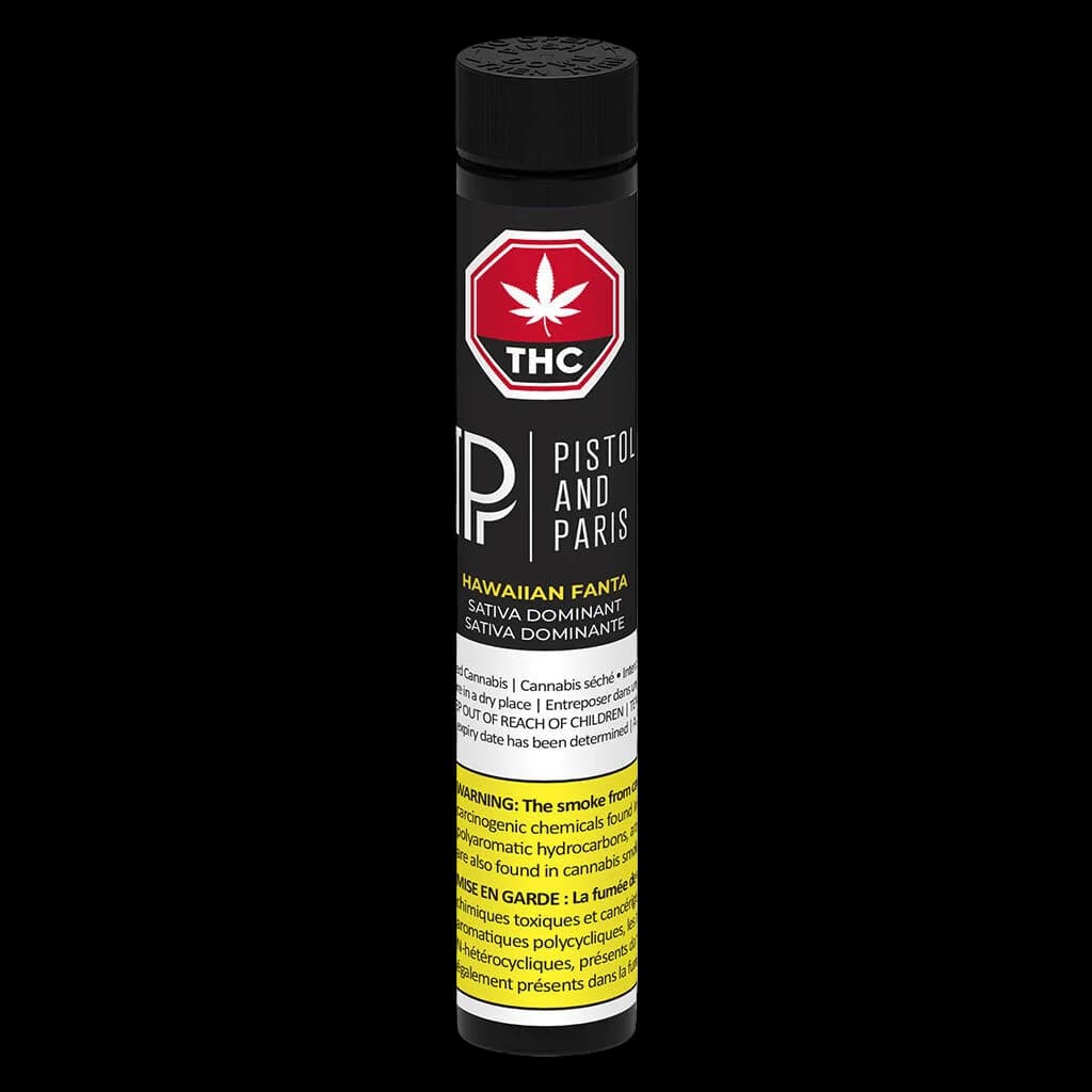 Pré-roulé sativa Hawaiian Fanta de Pistol and Paris avec symbole d'avertissement THC rouge et étiquette d'avertissement santé jaune sur emballage noir