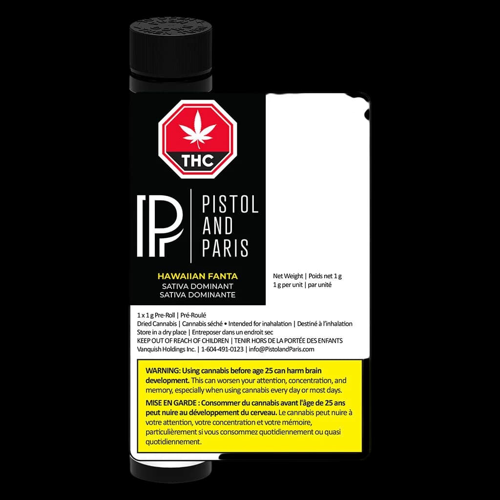 Pré-roulé Hawaiian Fanta de Pistol and Paris, pré-roulé de cannabis à dominance sativa de 1 g avec étiquette d'avertissement THC