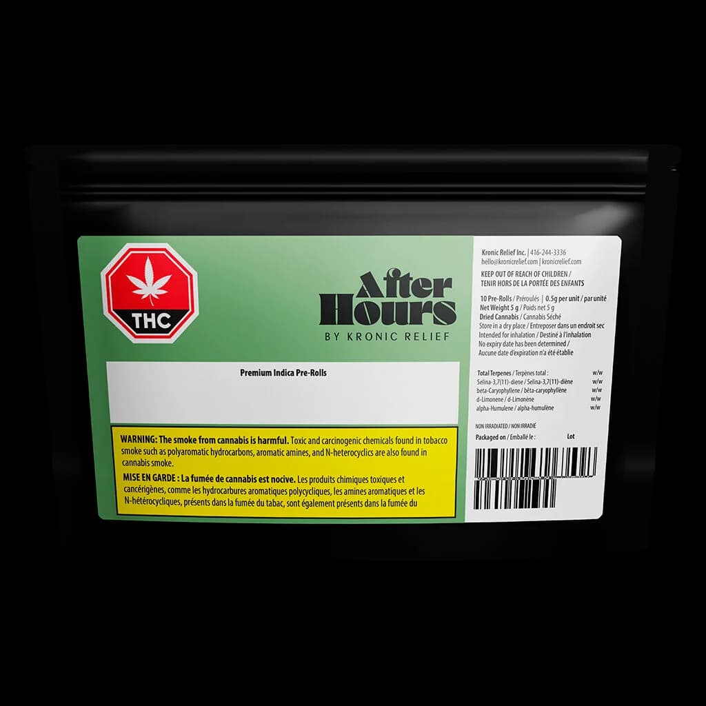 After Hours Jamaican Funk Premium Indica Pre-Rolls 10-pack, 0.5g per unit, by Kronic Relief, front packaging with THC warning symbol