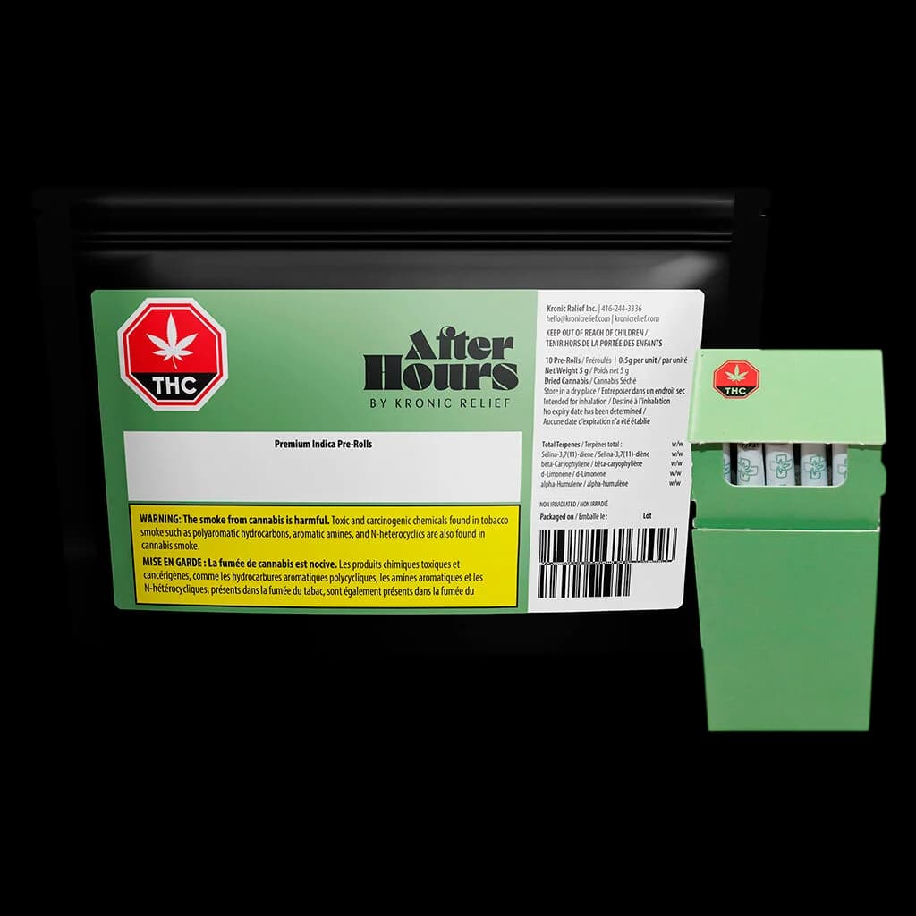 After Hours Jamaican Funk Premium Indica Pre-Rolls, 10-pack with green packaging and black pouch
