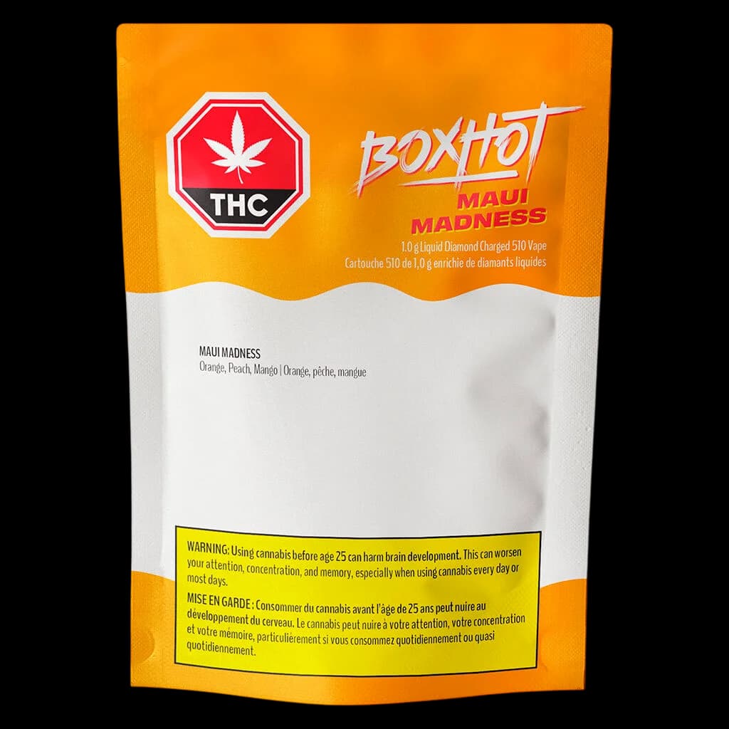 BOXHOT Maui Madness 1.0g Liquid Diamond Charged 510 vape cartridge package with orange and white design, THC warning symbol, and yellow Health Canada warning label