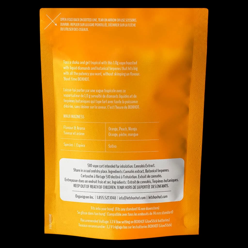 BOXHOT Maui Madness 1.0g vape cartridge with liquid diamonds and botanical terpenes, orange packaging with product details and usage instructions