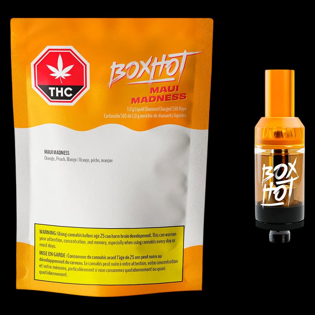 BOXHOT Maui Madness 1.0g Liquid Diamond Charged 510 vape cartridge with packaging, flavored with orange, peach, and mango