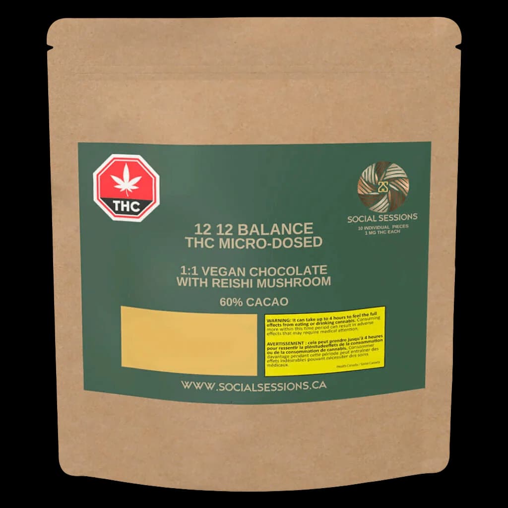 Chocolat vegan micro-dosé Social Sessions 12:12 Balance au THC avec champignon reishi, 70 % cacao, 10 morceaux de 1 mg de THC chacun
