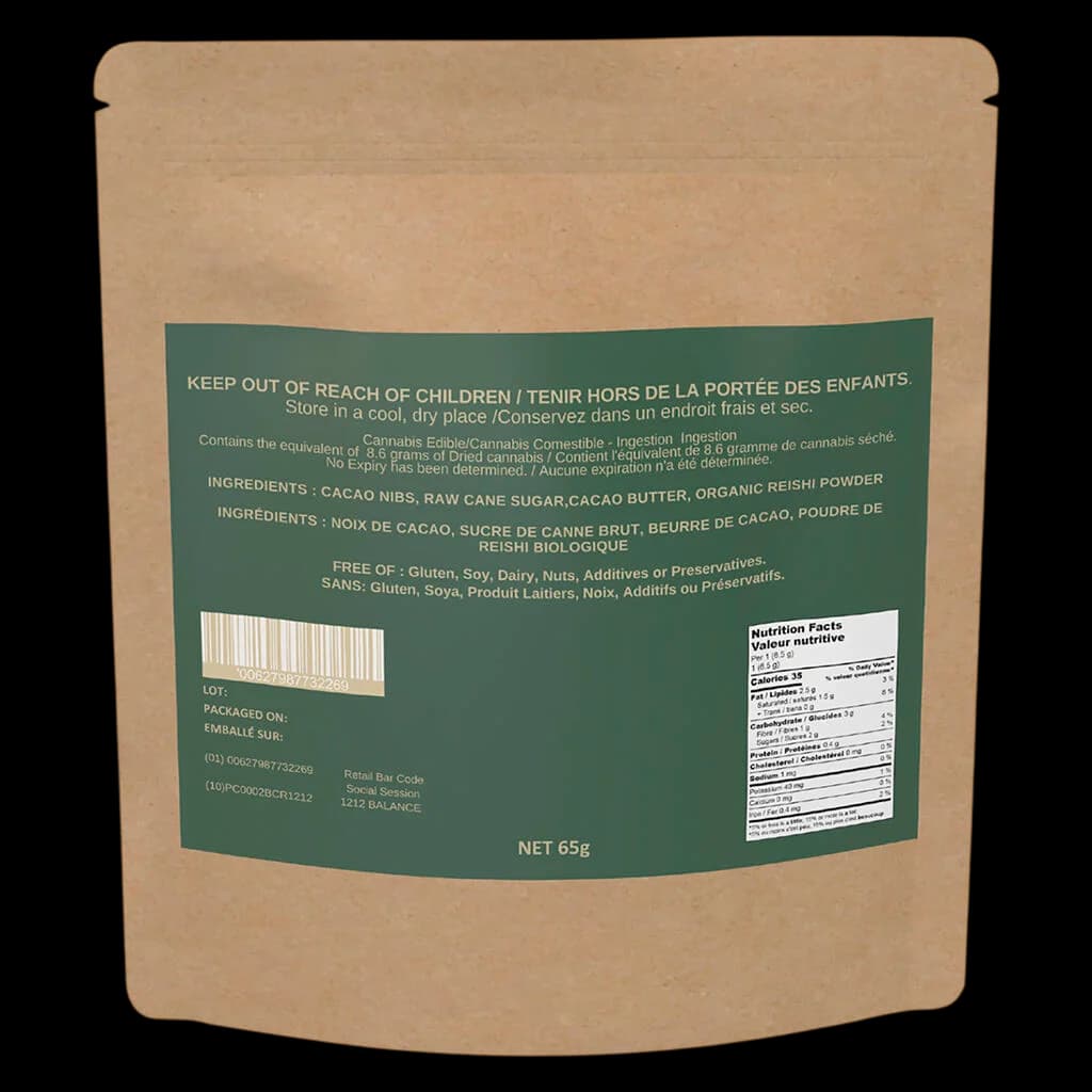 Sachet de 65 g de chocolat végan micro-dosé au reishi Social Sessions 1212 THC:CBD 1:25 avec étiquette verte indiquant les ingrédients et les valeurs nutritives