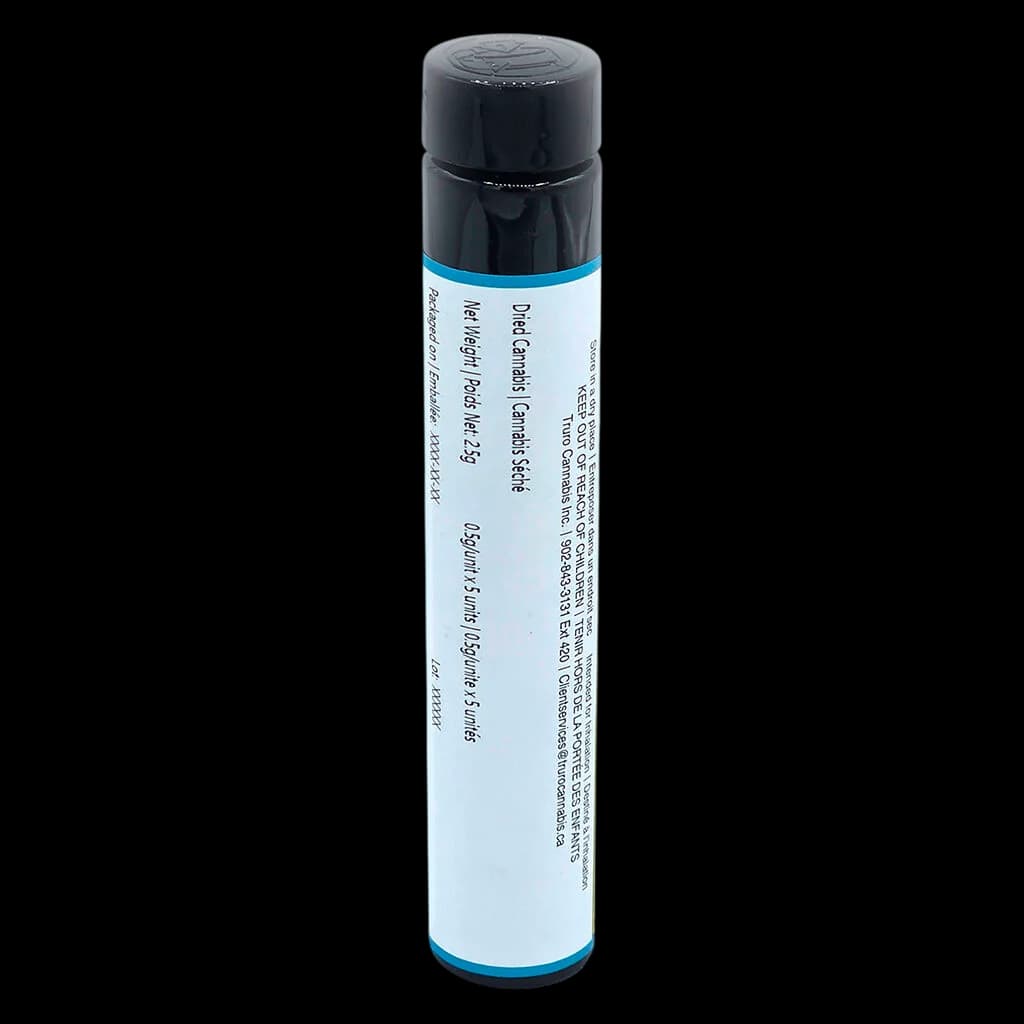 Truro Truffle Treats pre-roll 0.6g with black cap and light blue label showing regulatory text